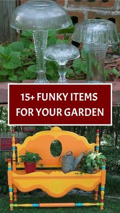 an orange bench sitting in the grass next to two glass vases and potted plants