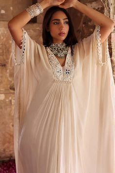 Buy Ivory Chiffon Embroidery Resham V Vidhi Neckline Draped Kaftan For Women by Seema Thukral Online at Aza Fashions. Draped Kaftan, Ivory Drapes, Kaftan Pattern, Chiffon Embroidery, Kaftan Women, Kaftan For Women, Pearl Embroidery, Beaded Neckline, Satin Color