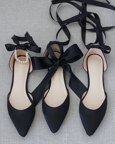 BLACK Satin Pointy Toe Flats with Satin Ankle Tie or Ballerina Lace Up Formal Flats Shoes, Black Bride Shoes, Fancy Shoes Flats, Aesthetic Flats, Flat Formal Shoes, Fancy Flat Shoes, Black Shoes Wedding, Cute Flats Shoes, Formal Shoes Women