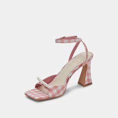 LOISE HEELS WHITE PINK GINGHAM Retro Pointed Toe Heels For Summer, Vintage Summer Heels With Block Heel, Vintage Block Heel Heels For Summer, Vintage Heels With Heel Strap For Spring, Retro Formal Sandals For Summer, Retro Formal Summer Sandals, Spring Retro Heels With Pointed Toe, Retro High Heels For Spring, Retro Sandals With Sculpted Heel For Spring