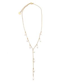 Adorn your neckline with the Penelope Pearl Lariat Necklace for a sophisticated, timeless look. Its lustrous pearls cascade gracefully from the chain, embodying luxury and refinement. Add effortless elegance to any ensemble with this exquisite necklace. Length: 15" +4" Drop + 2" Extender 18k Gold plated waterproof necklace chain Pearl Drop Charms Hypoallergenic Pearl Pendant Lariat Necklace, Elegant Long Drop Backdrop Necklace For Party, Elegant Dangle Lariat Necklace With Adjustable Chain, Elegant Lariat Necklace With Adjustable Dangle Chain, Long Drop Pearl Pendant Necklace, Delicate Long Drop Necklace For Formal Occasions, Delicate Long Drop Formal Necklace, Formal Long Drop Delicate Necklace, Adjustable Lariat Backdrop Necklace With Pearl Chain