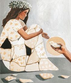 a painting of a woman sitting on the ground next to a man's hand