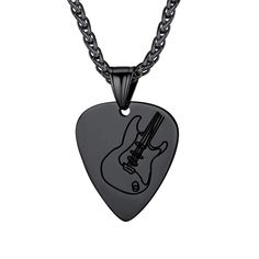 PRICES MAY VARY. 🎉 GUITAR PICK NECKLACE 🎉 -- Black plated stainless steel guitar pick necklace with a spiga wheat chain. Charm Size: 36mm*26mm*1.8mm; Chain Length: 22 inches+2 inches extender /Resizable to fit for anyone. 🎉 MUSIC LOVER 🎉 -- Simple guitar pick with an electric guitar on the front side. The backside of this pick can be engraved with any additional names, dates, or text for a personalized touch. 🎉 STRONG & DURABLE 🎉 -- Made of 316L stainless steel with high polish. Hypoallerg Black Guitar Pick, Music Note Necklace, Pick Necklace, Guitar Picks Personalized, Guitar Pick Necklace, Black Guitar, Steel Guitar, Music Teacher Gifts, Lovers Necklace