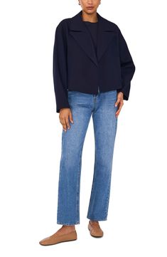 Pull together your look with the contemporary style of a go-to jacket featuring wide notched lapels and a boxy, oversized fit. 21" length (size 8) Open front Notched lapels Front welt pockets Lined 99% Tencel® lyocell, 1% spandex Tencel lyocell is a more-sustainably produced fiber made with closed-loop processing Dry clean Imported Chic Notched Outerwear With Welt Pockets, Modern Workwear Outerwear With Straight Hem, Business Casual Cropped Jacket With Lapel Collar, Modern Outerwear With Straight Hem For Work, Chic Notch Lapel Outerwear With Relaxed Fit, Chic Outerwear With Notch Lapel And Relaxed Fit, Trendy Notch Lapel Cropped Jacket For Fall, Chic Relaxed Fit Outerwear With Notch Lapel, Trendy Cropped Jacket With Notch Lapel For Fall