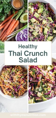 healthy thai crunch salad with carrots, cabbage and avocado on the side