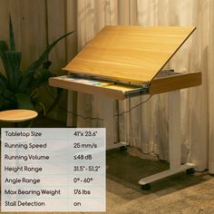 the table top size is shown with measurements for each item on it's stand