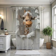 a shower curtain with a photo of a giraffe