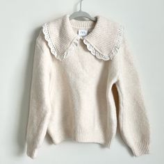 In Excellent Condition With No Major Flaws To Note. Brand New With Tags Still Attached. Bin L Winter Crew Neck Sweater With Lace Trim, Beige Collared Tops For Winter, White Collar Sweater For Winter, Cute Beige Winter Tops, Cute Winter Tops By Zara, Cute White Zara Sweater, Winter Beige Tops With Lace Trim, Cozy Cream Zara Tops, Cozy Beige Zara Top