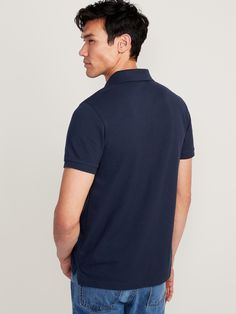 rib-knit collar short sleeves two-button placket polyester 40% cotton 60% Men's Uniform, Navy Uniforms, Polo Blue, Knit Sleeve, Rib Knit, Mens Polo, Old Navy, Short Sleeves, Relaxed Fit