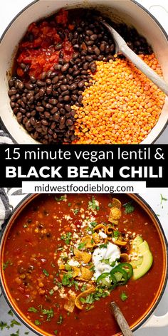 black bean chili in a white pot with spoons and other ingredients to make it