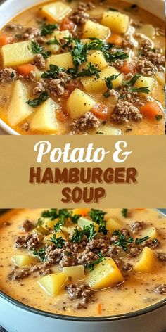 two pictures of potatoes and hamburger soup in a bowl