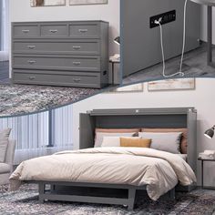 two pictures of a bedroom with gray furniture