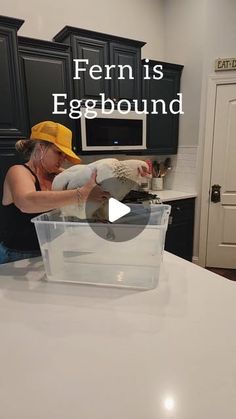 a woman in a yellow hat is preparing food on a counter top with the words ferm is eggbound