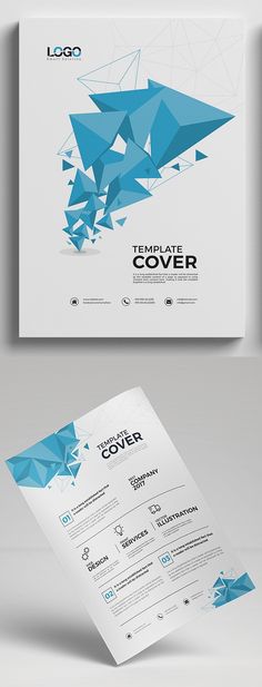 a white and blue brochure with geometric shapes on the front, back and sides