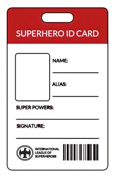 a red and white identification card with the words,'superhero id card'on it