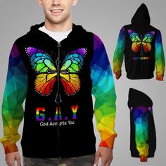 a man wearing a black hoodie with a colorful butterfly on the front and back