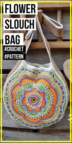 a crocheted bag with the words flower slouch in front of it