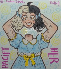 a drawing of a girl with her hands on her head and the words happy birthday