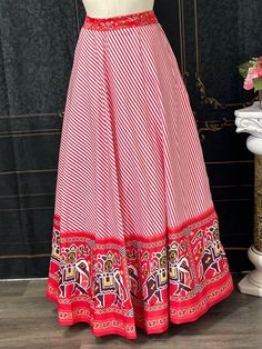 Length 42 inch Waist fits up to 38 inch made in India shipping from Chicago Finished item for sizing/alterations please message me Traditional Multicolor Maxi Skirt, Festive Multicolor Long Skirt, Festive Long Multicolor Skirt, Traditional Multicolor Flowy Maxi Skirt, Red Slim Fit Printed Skirt, Festive Bohemian Cotton Skirt, Traditional Multicolor Maxi Skirt For Festivals, Traditional Fitted Tiered Skirt, Festive Cotton Sharara With Printed Border