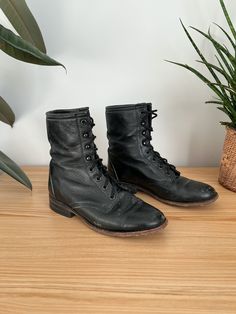 "Vintage 80s black leather roper lace up ankle boots in women's 6.5 Label: Zecuda Fits Like: women's US 6.5 Color: black Fabrication: leather Condition: good vintage condition, normal signs of wear Made in Mexico 9.5\" length 3.25\" ball of boot 1\" heel height 7.5\" height This item comes from a pet & smoke free building. For a look behind the scenes at our treasure hunting trips follow us at: + Instagram: @mostlymagicvintage + TikTok: @mostlymagik" Vintage Black Lace-up Boots, Vintage Black Ankle Lace-up Boots, Vintage Black Lace-up Ankle Boots, Vintage Leather Lace-up Ankle-high Boots, Vintage Leather Ankle-high Lace-up Boots, Vintage Ankle-high Leather Lace-up Boots, Vintage Black Lace-up Boots With Round Toe, Vintage Black Lace-up Boots For Fall, Vintage Leather Lace-up Boots