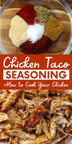 chicken taco seasoning in a glass bowl with the title above it