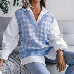 F00078427-503 Vest Sweaters, Sweaters Pullover, Houndstooth Knit, Waistcoat Woman, Houndstooth Sweater, Vest Sweater, Sleeveless Outfit, Winter Vest, Sweater Vest Women