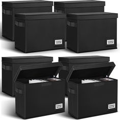 six black storage boxes with labels on them