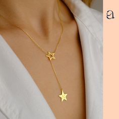 "14k Gold Personalized Minimal Initial Star Lariat Necklace *  Handmade Lariat Jewelry * Customized Dainty Y Necklace * Initial Drop Necklace * Gold Valentines Gift * Gift for Her  * Star Drop Initial Necklace * Gift for Wife * Personalized Gifts * Custom Name Gifts * Necklace for Women * Bridesmaid Jewelry * Minimalist Necklace * Celestial Jewelry ✿ The delicate stars harmonize in a simple yet meaningful dance, embodying unique connections and moments. It is an ideal gift for birthdays, anniversaries, or to express genuine emotions.  The hanging piece can be personalized with an initial of a loved one at no cost. Choose from our font options and add your personalization to the necessary field.  ✿ Designs that quietly speak of love and connection are available in rose, white, and yellow go Drop Necklace Gold, Gold Drop Necklace, Star Necklace Gold, Necklace Initial, Y Necklace, Jewelry Minimalist, Celestial Jewelry, Valentines Necklace, Gold Initial