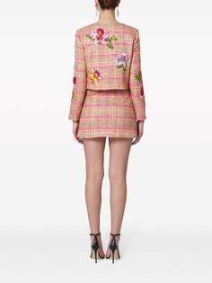 Carolina Herrera floral-embroidered Tweed Miniskirt - Farfetch Carolina Herrera, Tweed Jacket, Visual Design, Recycled Cotton, Floral Embroidery, Light Pink, Top Brands, Mini Skirts, Long Sleeves