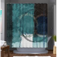 a shower curtain with an abstract painting on it