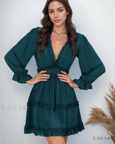 Lasaky - Sophisticated Deep V-neck Dress in a Solid Color with Ruffle Hem and Knee Length Elegant Knee Length Dresses, Dress With Ruffle Hem, Belle Silhouette, Deep V Neck Dress, Solid Color Dress, Open Back Dresses, Skirt Skirt, Sweet Dress, Express Dresses