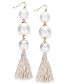 Pretty fringe tassels add a playful edge to these glamorous imitation pearl shoulder-sweeping drop earrings from Thalia Sodi.

 	Set in gold-tone mixed metal
 	Approx. drop: 4-1/2"
 	Fish hook Winter Shoe Trends, Tassel Drop Earrings, Fashion Jewelry Earrings, Tassel Fringe, Drop Earring, Baby Boy Gifts, Petite Maternity, Party Shoes, Earrings Jewelry