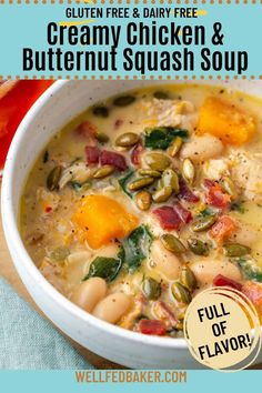 a bowl of chicken and butternut squash soup with text overlay that reads gluten free dairy free creamy chicken & butternut squash soup