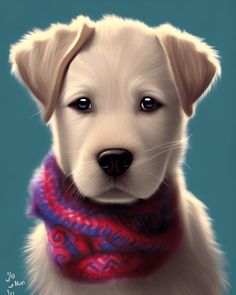 a painting of a dog wearing a bandana and looking at the camera with blue eyes