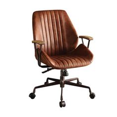 a brown leather office chair on casteors