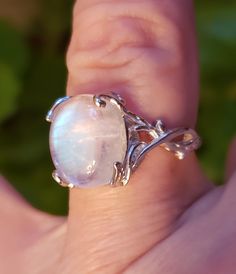 Beautiful Pearly Blue Flash Moonstone 10x12mm Set In 925 Sterling Silver Popular Vine And Leaf Ring, Adjustable Size From 5.5-9.5 Comfortably. The Adjustable Size Is Nice For Switching Fingers! This Ring Is Shiny Silver, Not Antiqued Like My Others. If You Prefer Antique, I May Be Able To Make For You, Ask. Great Gift! Gift Box Included. Elegant Handmade Moonstone Ring For Healing, Large Moonstone Ring, Vine Ring, Natural Opal Ring, Fire Opal Necklace, Vine Leaves, Fire Opal Ring, Vine Design, Leaf Ring