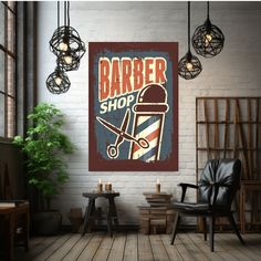 a barber shop sign hanging on the wall next to a chair and table with candles