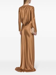 Find ALBERTA FERRETTI Draped Dress on Editorialist. bronze-tone silk blend satin finish long sleeves draped detailing round neck high waist fitted waistline floor-length flared hem Luxury Silk Sheath Dress, Formal Fitted Draped Silk Dress, Brown Draped Evening Dress, Designer Silk Formal Dress, Designer Silk Dress For Formal Occasions, Elegant Draped Brown Dress, Elegant Brown Draped Dresses, Elegant Brown Maxi Dress For Evening, Elegant Brown Dinner Dress