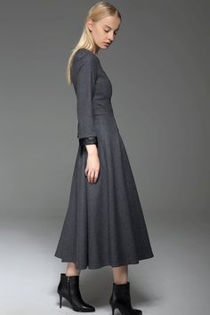 Gray Wool Dress, wool dress, winter dress, long sleeve dress, long wool dress, handmade dress, gray Formal Winter Wool Dress, Winter Long Sleeve Dresses With Button Cuffs, Formal Wool Dress For Winter, Formal Long Sleeve Dress With Cuffed Sleeves, Winter Knee-length Dresses With Button Cuffs, Knee-length Winter Dresses With Button Cuffs, Long Sleeve Dress With Cuffed Sleeves For Office, Long Sleeve Dresses With Cuffed Sleeves For Office, Formal Midi Dress With Cuffed Sleeves