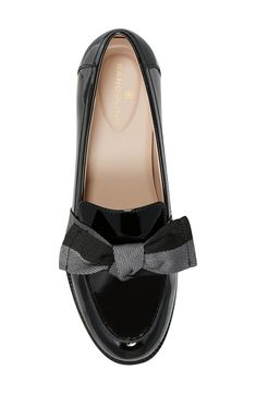 A sophisticated bow details the vamp of a slip-on loafer for a casual chic attire. Sizing: True to size. M=standard width. 1" heel Round apron toe Bow detail Slip-on Synthetic upper, manmade sole Imported Formal Slip-on Heels With Bow, Black Low Heel Platform Loafers For Formal Occasions, Chic Slip-on Platform Loafers, Chic Patent Leather Low Heel Loafers, Chic Patent Leather Loafers With Low Heel, Chic Platform Loafers For Party, Elegant Formal Flats For Fall, Elegant Fall Formal Flats, Elegant Formal Fall Flats