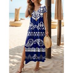 Season:Summer; Fabric:Polyester; Sleeve Length:Short Sleeve; Gender:Women's; Style:Bohemia; Occasion:Vacation; Fit Type:Loose Fit; Dresses Type:Knit Dress; Pattern:Geometric; Design:Print; Neckline:V Neck; Brand:Shall We; Front page:FF; Listing Date:04/10/2024; Bust:null; Length:null; Waist:null; Fit US Size:null; Fit UK Size:null; Fit EU Size:null; Dress Length Type:Long Dress Maxi Dress; Print Type:Print V Neck Long Dress, Maxi Dress Short, Womens Knit Dresses, Dress Short Sleeve, Dress Maxi, Knitting Women, Types Of Dresses, Dress Short, Long Maxi Dress