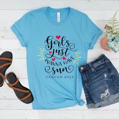 Girls Just Wanna Have Sun Unisex t-shirt, Friends Beach Shirt, Summer Shirt, Vacation Shirt, Girls Trip T-shirt, Friends Beach Trip Shirts This girls trip t-shirt is everything you've dreamed of and more. It feels soft and lightweight, with the right amount of stretch. It's comfortable and flattering for all. Choose one color, or many for your matching vacation t-shirts! To personalize your destination: write city name, or cruise name and date in the personalization box. Example: Cancun 2024 • 1 Blue Tops With Letter Print For Vacation, Blue Crew Neck T-shirt For Vacation, Blue Letter Print T-shirt For Vacation, Summer Blue T-shirt For Vacation, Blue Text Print Top For Vacation, Blue Graphic Tee For Vacation, Blue Summer T-shirt With Text Print, Blue Text Print Summer T-shirt, Cute Blue T-shirt For Summer