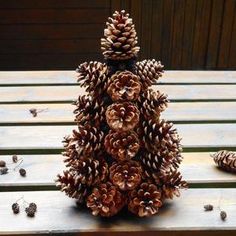 pine cones are arranged in the shape of a man's head on top of a wooden table