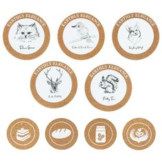 six cork coasters with different types of animals and food on them, all printed in gold glitter