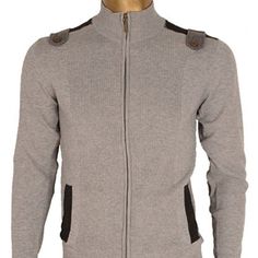 Plantini Gray Light Weight Zip Front Sweater. Features Dark Gray Accents On Shoulders And Pockets, Felt And Button Felt Flap On Shoulders And Gray Elbow Patches. 100% Polyester. Snug Fit. Fitted Cotton Sweater With Buttons, Fitted Gray Sweater With Button Closure, Fitted Gray Sweater With Buttons, Fitted Gray Cardigan With Buttons, Gray Fitted Cardigan With Button Closure, Fitted Gray Cardigan With Button Closure, Cashmere Sweater Men, Zip Front Sweater, Mens Quarter Zip