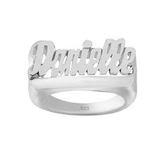 "Name jewelry is always the hottest trend. This custom made name ring is beautifully crafted in sterling silver. This will certainly make a special gift making a perfect accessory for any occasion. This name ring measures approximately 3/4\" wide and 3/8\" tall in sizes 5 thru 10. Finished with polished to mirror shine, this name ring makes an extra elegant addition to your jewelry wardrobe. Since your name ring is handcrafted, item may slightly vary in overall appearances than the picture shown Personalized Silver Ring With Name, Silver Initial Ring With Polished Finish, Classic Rings With Custom Name For Personalized Gift, Custom Name Sterling Silver Ring In Silver, Silver Engraved Ring With Names For Gift, Silver Open Ring With Name Detail, Personalized White Sterling Silver Ring, Classic Custom Name Rings For Personalized Gift, White Sterling Silver Ring For Personalized Gift