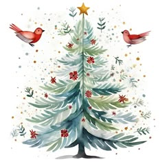 a watercolor christmas tree with two birds on top and snowflakes around it