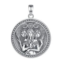 Indulge in timeless protection & harmony! Our Triple goddess necklace is crafted from 100% sterling silver, nickel-free, & hypoallergenic for long-term wear & a healthy lifestyle. It's renowned for shielding you from malevolent forces & facilitating a connection to the spiritual realm. Invoke the goddess within you by wearing this Triple Moon Goddess Necklace & feel the powerful balance & serenity it brings. The infinite loops of the Witch Knot grant access to intuition & wisdom - be a part of t Silver Moon Phase Amulet Jewelry, Symbolic Sterling Silver Charm Necklace With Coin Pendant, Spiritual Silver Moon Charm Necklace, Silver Moon Phase Medallion Jewelry, Symbolic Silver Moon Phase Necklace, Symbolic Silver Necklace With Moon Phase, Silver Medallion Jewelry With Moon Phase, Symbolic Hypoallergenic Necklace With Round Pendant, Spiritual Silver Charm Necklace With Moon Phase