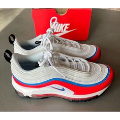 Nwt And Box Women's Air Max 97 Dv2222-100. White / Photo Blue / Bright Crimson / Black Clean Smoke Free Home. Box Doesn't Have Lid. Nike Air Max 97 Red White And Blue, Swim Shoes, Air Max Women, Shoes Size 6, Nike Air Max 97, White Photo, White Nikes, Womens Shoes Sneakers, Air Max