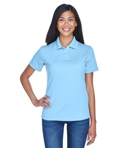 Shop UltraClub 8445L in Columbia Blue & get instant bulk discounts. This 100.00% Polyester Women Polo Shirt is often used for Keep It Blank projects by our customers | Ships Fast | Award-Winning Customer Service. Columbia Blue, Pique Polo Shirt, Polo Shirt Women, Sleeves (women), Short Sleeve Polo, Polished Look, Baby Blue, Blouses For Women, Polo Shirt